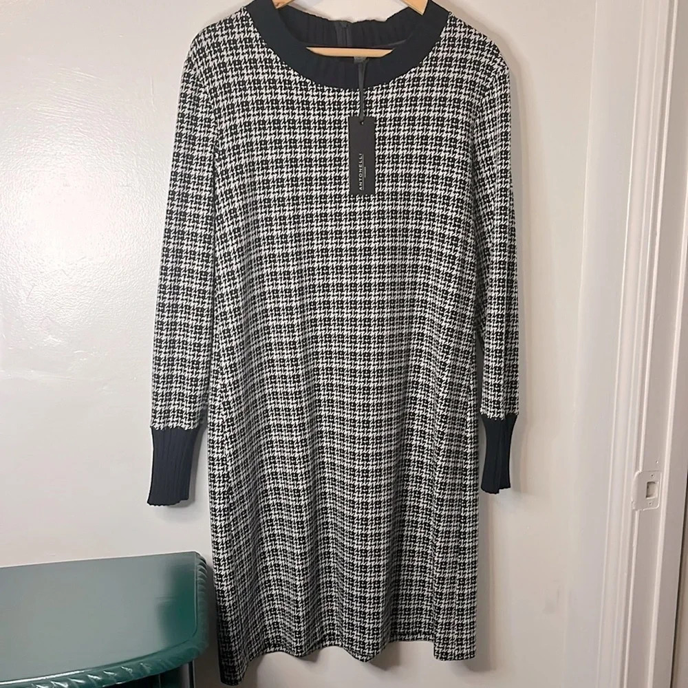 Antonelli Firenze NWT Houndstooth Black And White Wool Blend Sweater Dress Sz 48